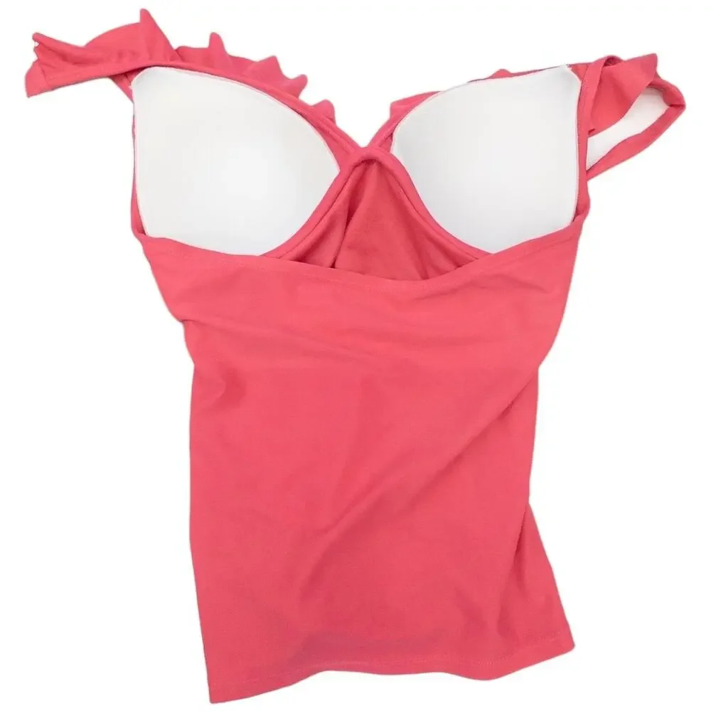 Ellen Tracy Tankini Top Coral Melon Ruffle Halter Swimsuit Women's Size 6 New